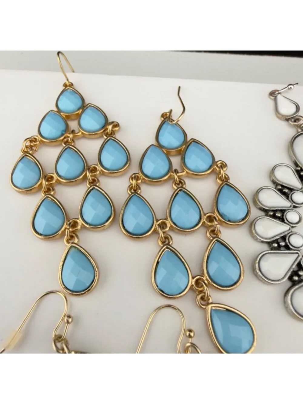 Boho Dangle Drop Chandelier Earrings Set of 6 Mixed Metal Red Blue White Pierced